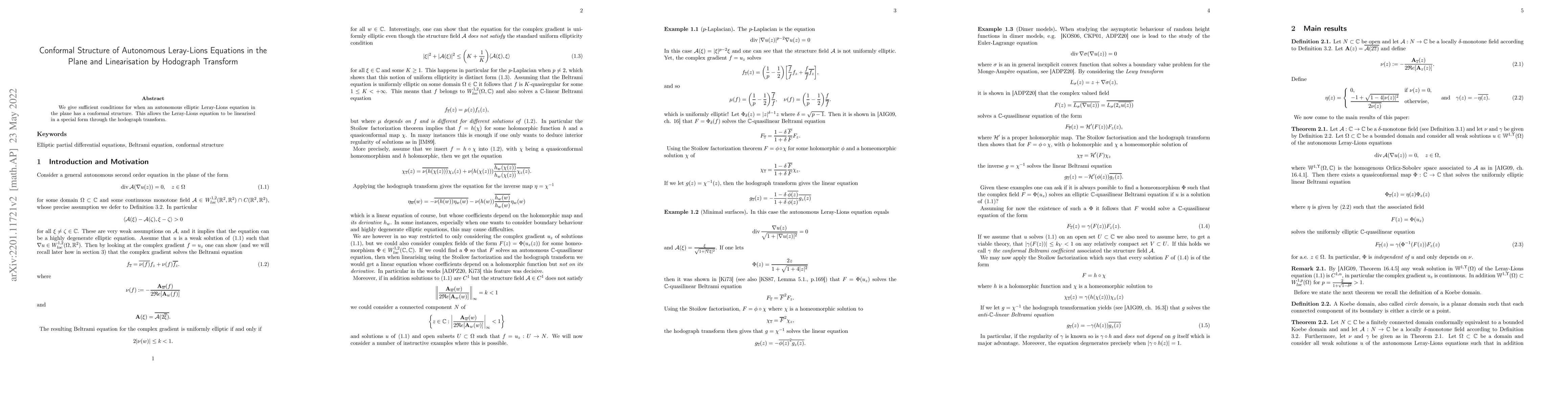 Thumbnail for Conformal Structure of Autonomous Leray-Lions Equations in the Plane and
  Linearisation by Hodograph Transform