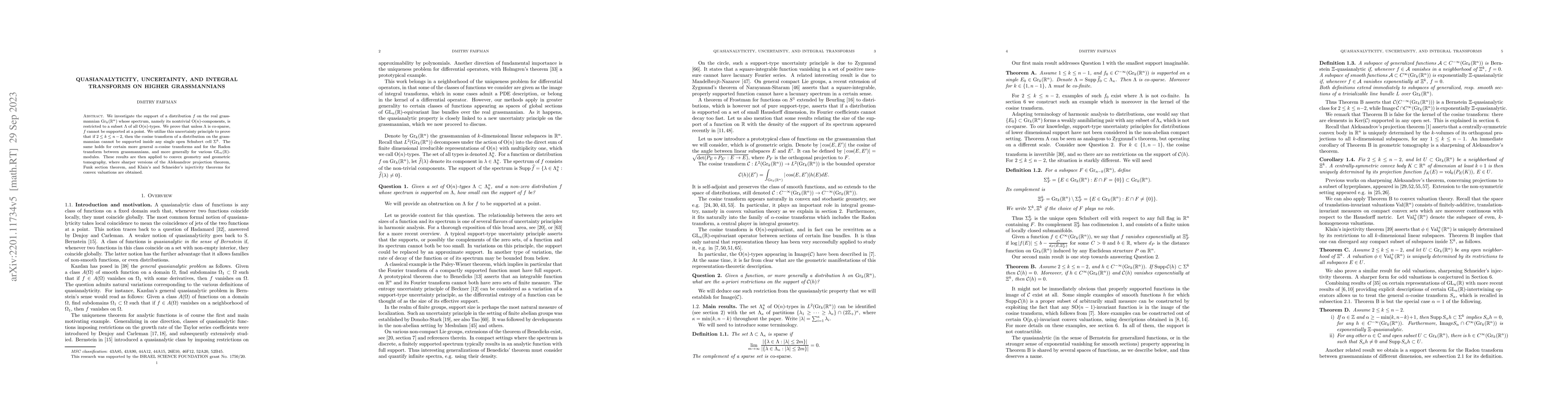 Thumbnail for Quasianalyticity, uncertainty, and integral transforms on higher
  grassmannians