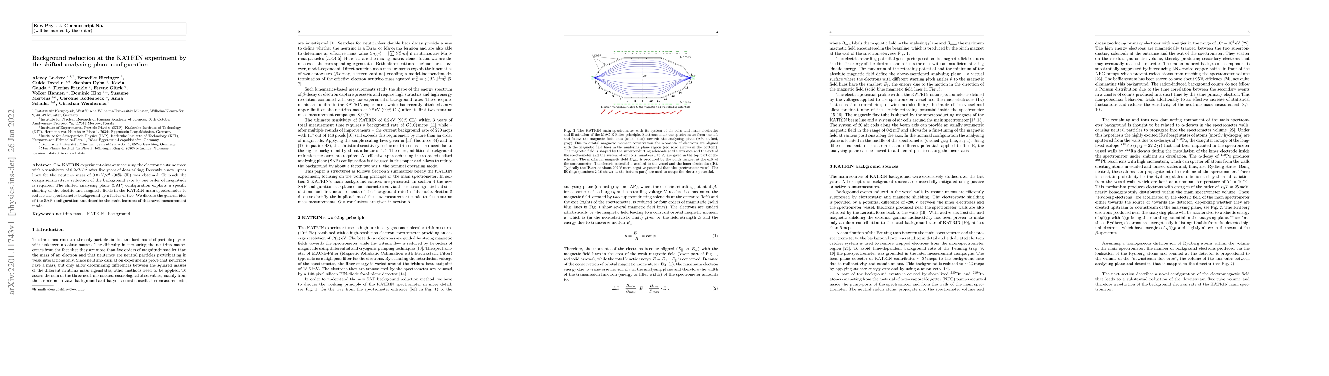 Thumbnail for Background reduction at the KATRIN experiment by the shifted analysing
  plane configuration