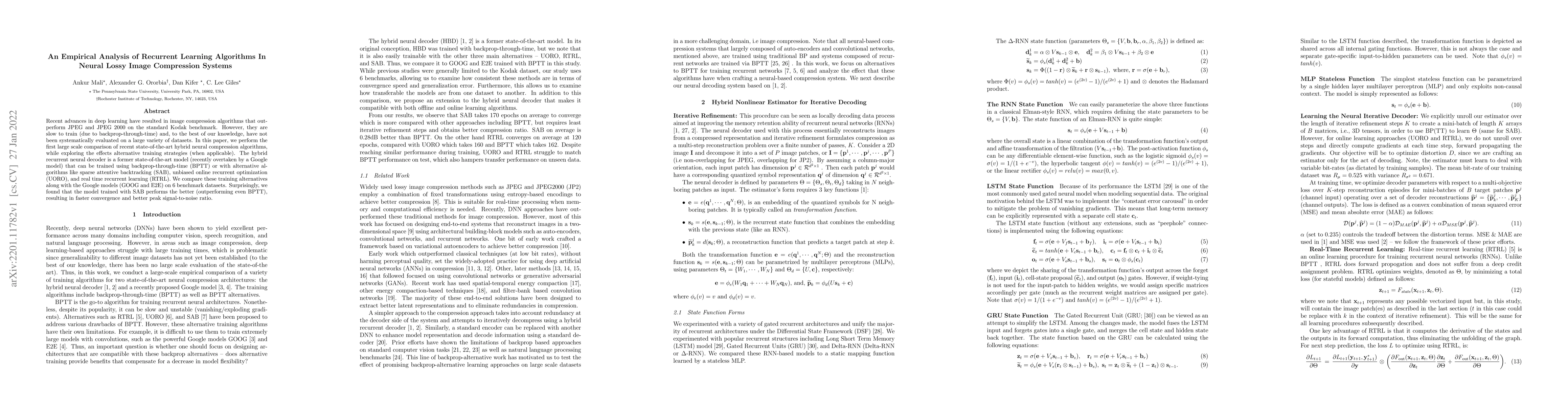 Thumbnail for An Empirical Analysis of Recurrent Learning Algorithms In Neural Lossy
  Image Compression Systems