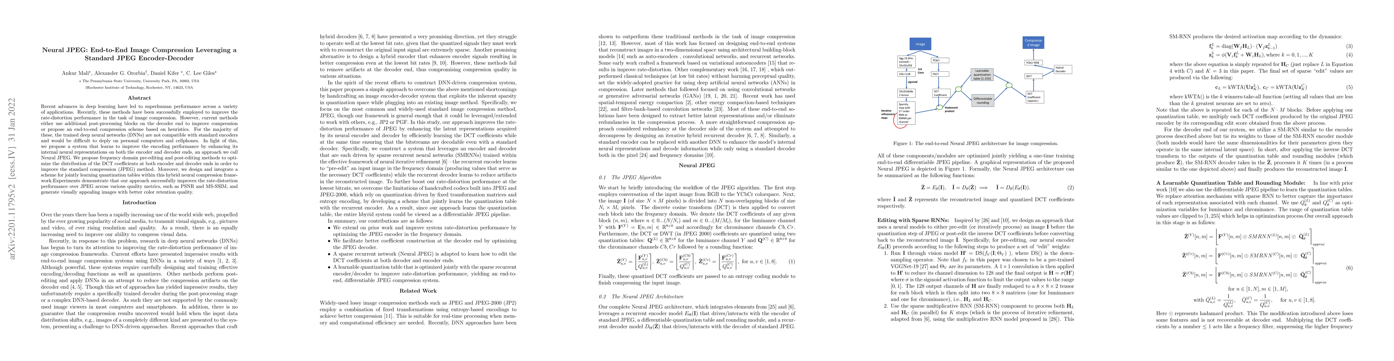 Thumbnail for Neural JPEG: End-to-End Image Compression Leveraging a Standard JPEG
  Encoder-Decoder