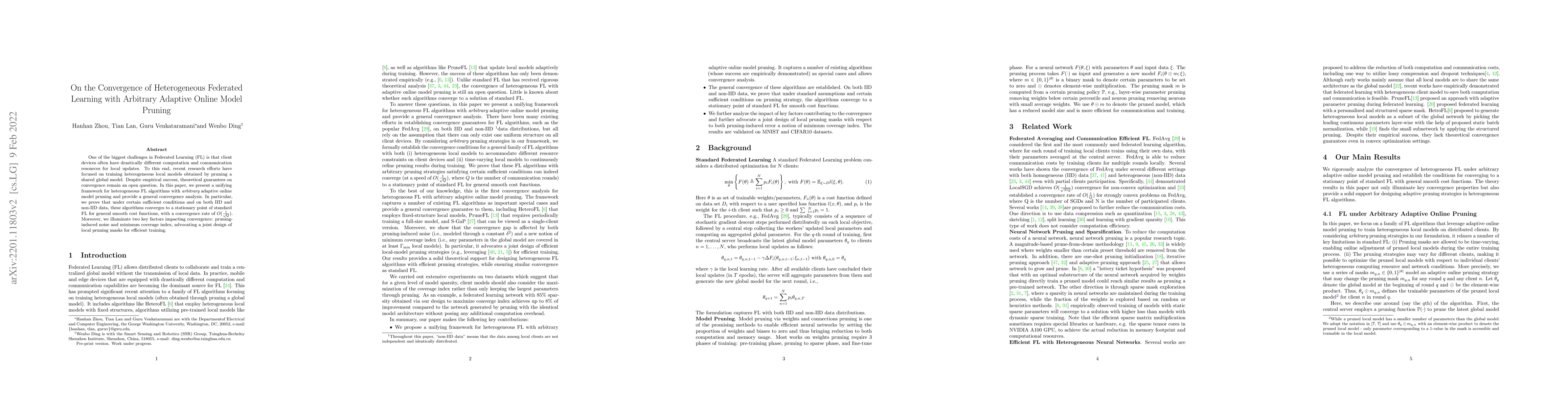 Thumbnail for On the Convergence of Heterogeneous Federated Learning with Arbitrary
  Adaptive Online Model Pruning