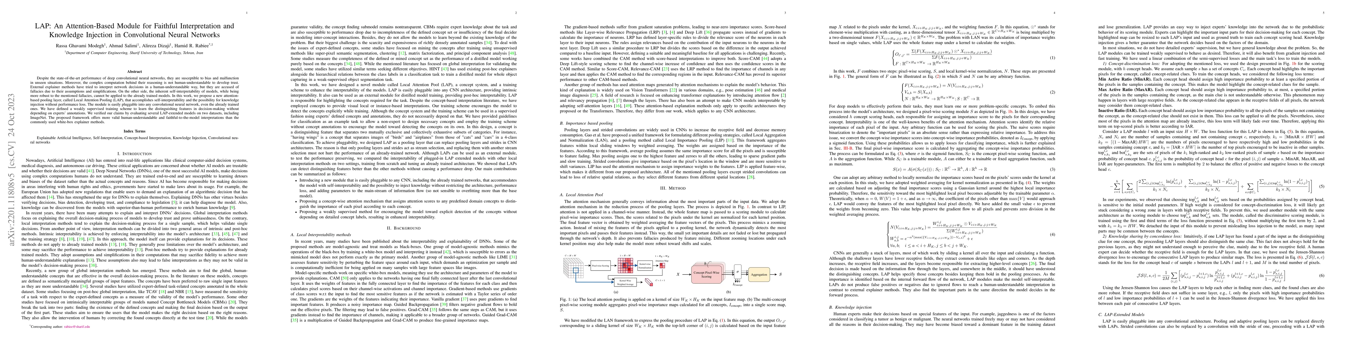 Thumbnail for LAP: An Attention-Based Module for Concept Based Self-Interpretation and
  Knowledge Injection in Convolutional Neural Networks