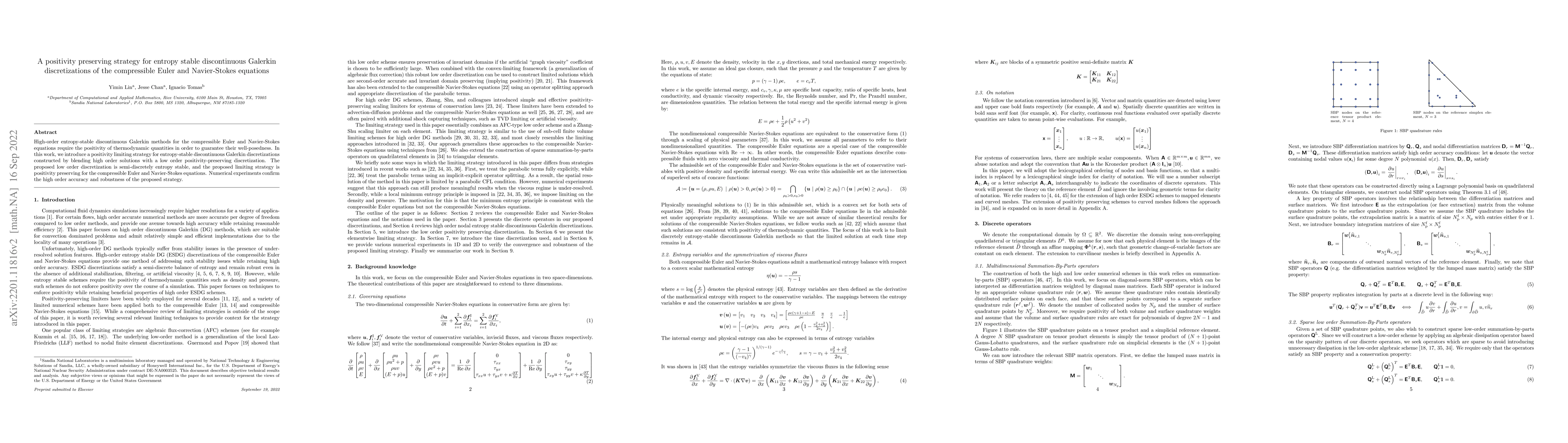Thumbnail for A positivity preserving strategy for entropy stable discontinuous
  Galerkin discretizations of the compressible Euler and Navier-Stokes
  equations