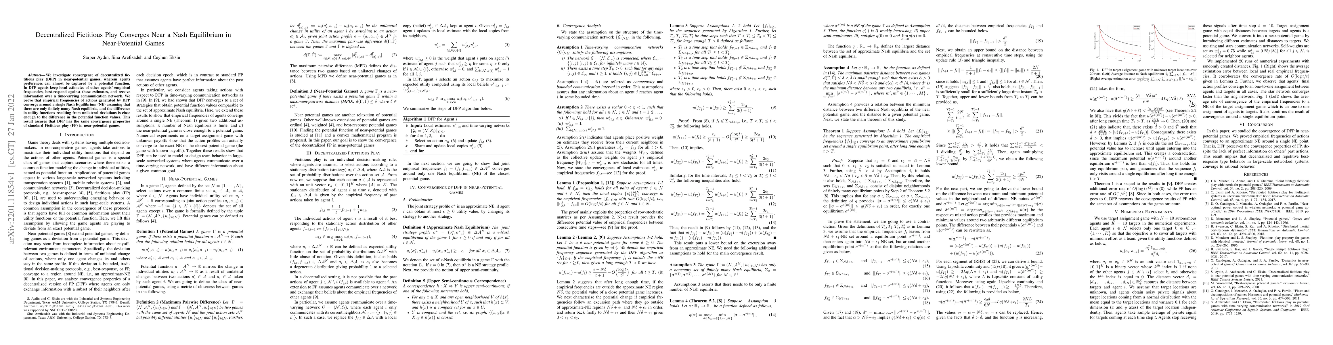Thumbnail for Decentralized Fictitious Play Converges Near a Nash Equilibrium in
  Near-Potential Games