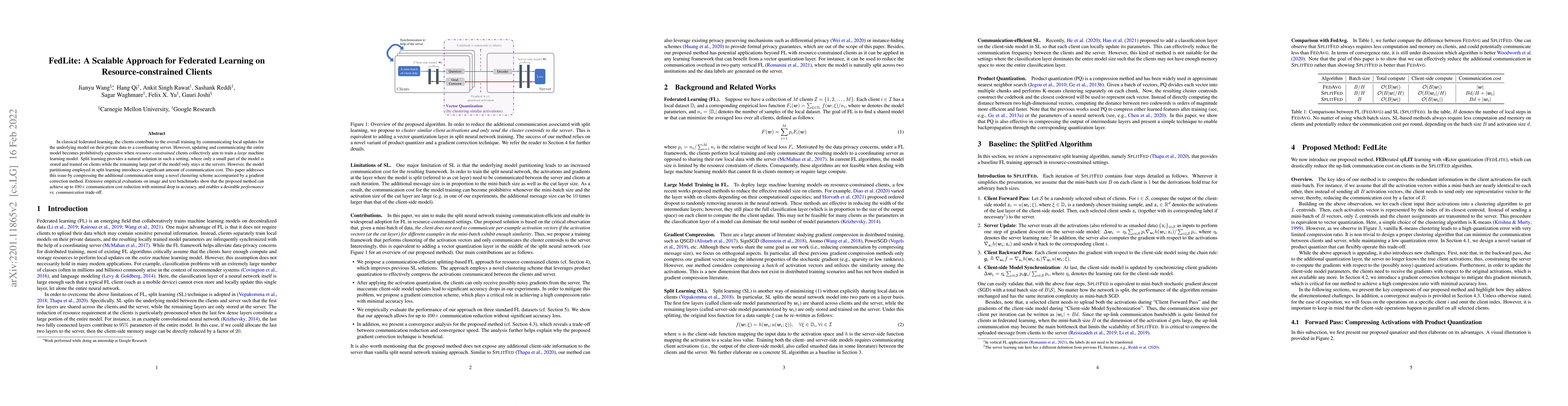 Thumbnail for FedLite: A Scalable Approach for Federated Learning on
  Resource-constrained Clients