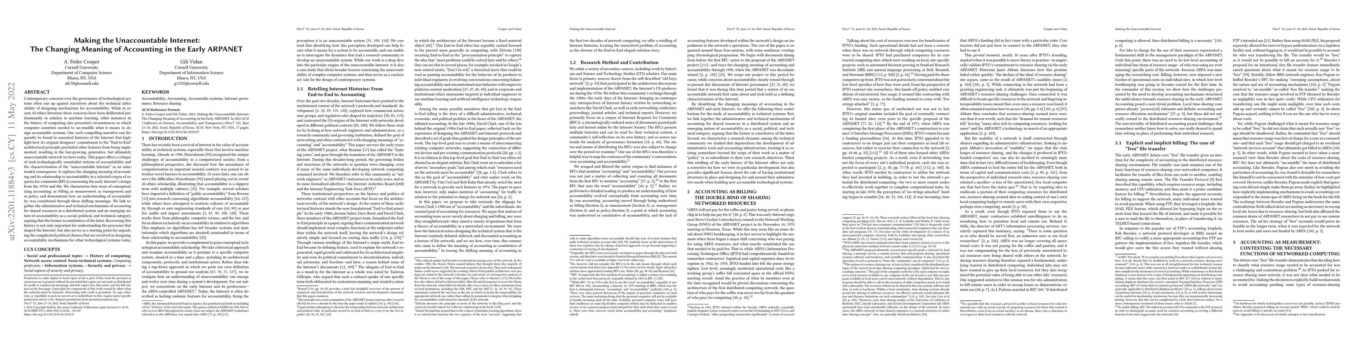 Thumbnail for Making the Unaccountable Internet: The Changing Meaning of Accounting in
  the Early ARPANET