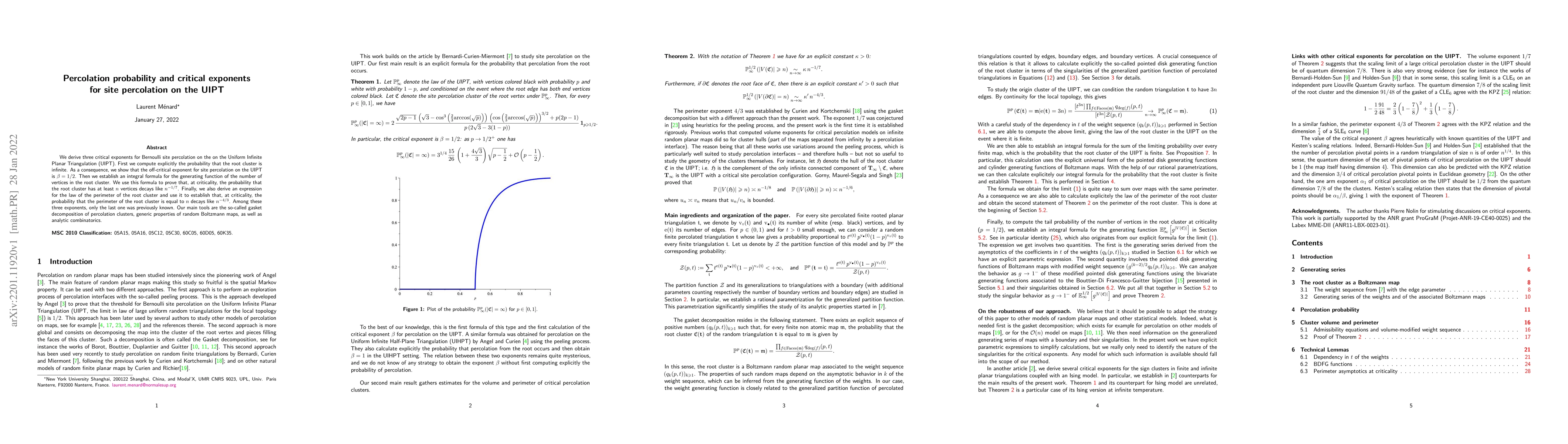 Thumbnail for Percolation probability and critical exponents for site percolation on
  the UIPT