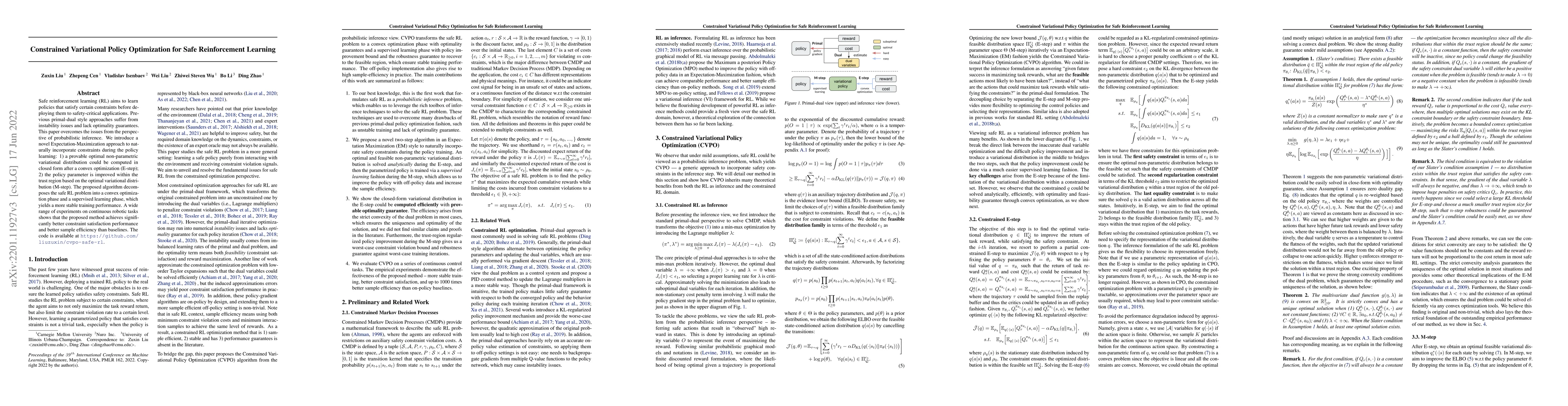 Thumbnail for Constrained Variational Policy Optimization for Safe Reinforcement
  Learning