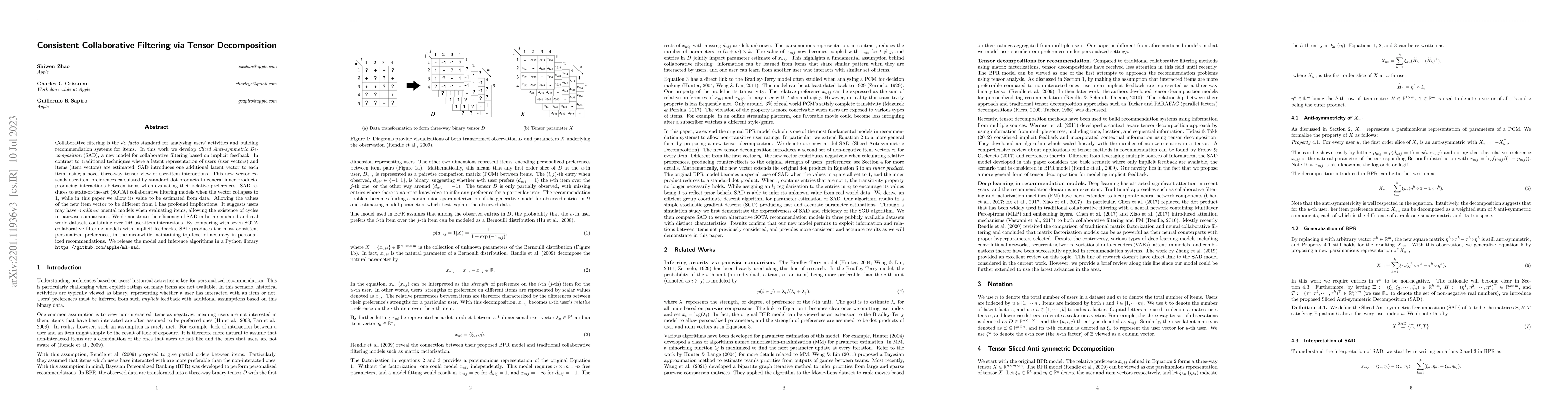 Thumbnail for Consistent Collaborative Filtering via Tensor Decomposition