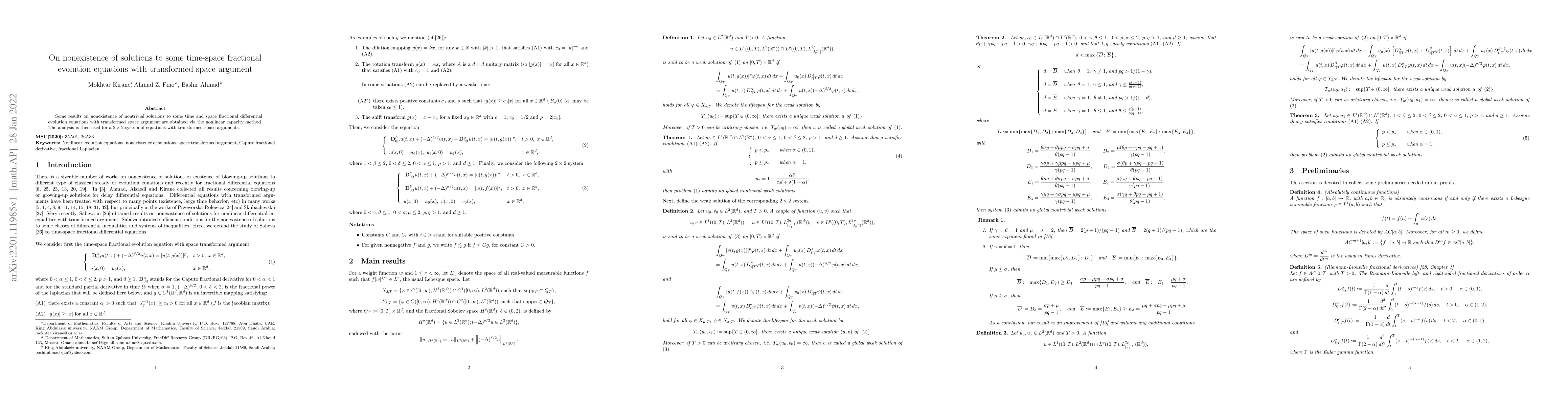 Thumbnail for On nonexistence of solutions to some time-space fractional evolution
  equations with transformed space argument