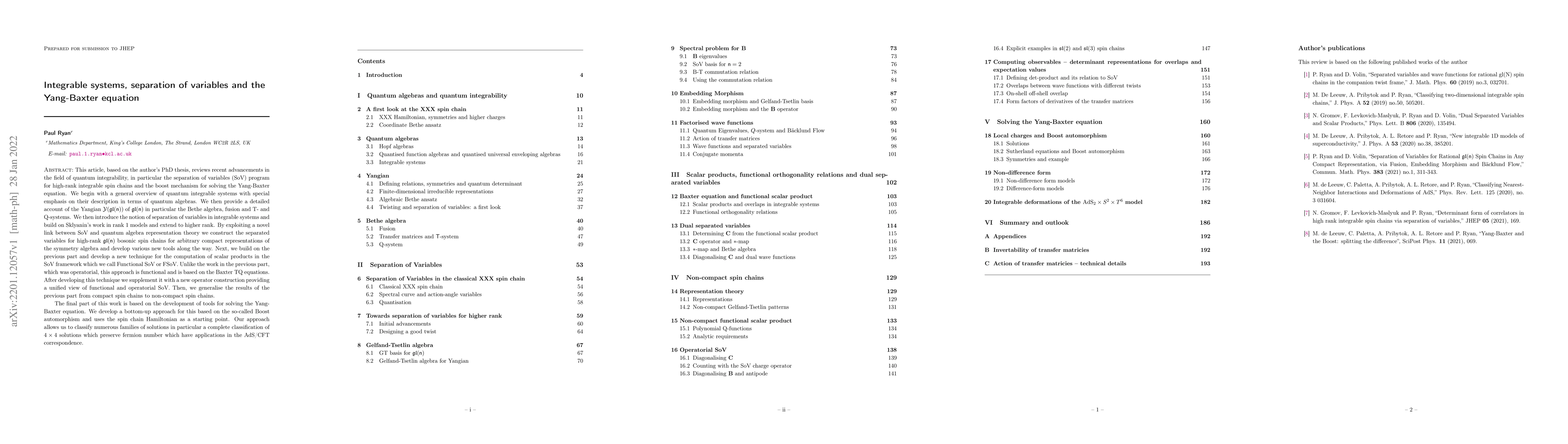 Thumbnail for Integrable systems, separation of variables and the Yang-Baxter equation