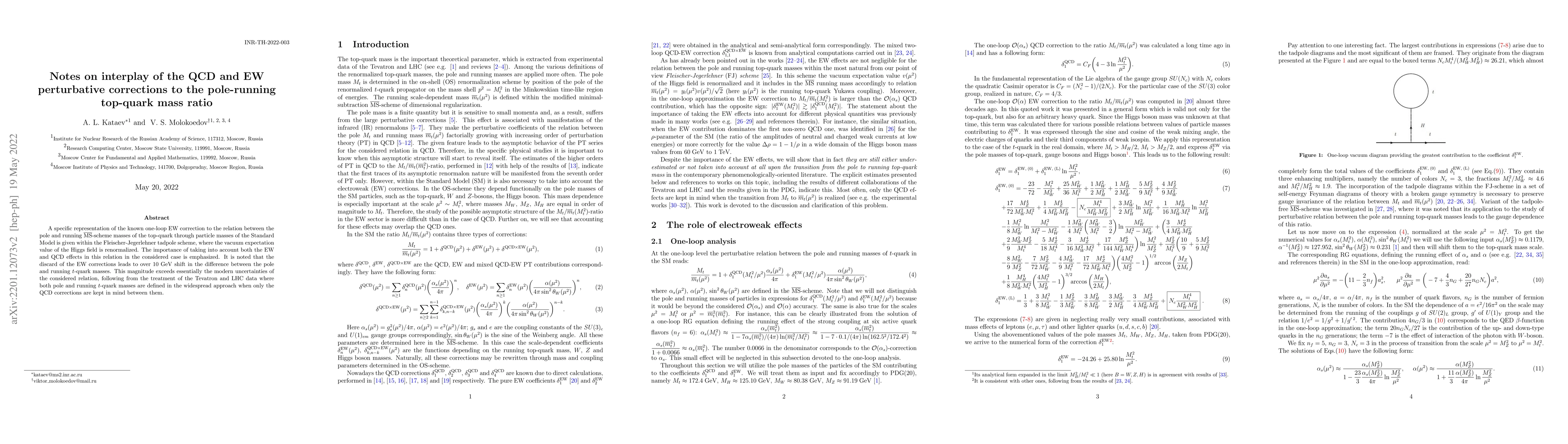 Thumbnail for Notes on interplay of the QCD and EW perturbative corrections to the
  pole-running top-quark mass ratio