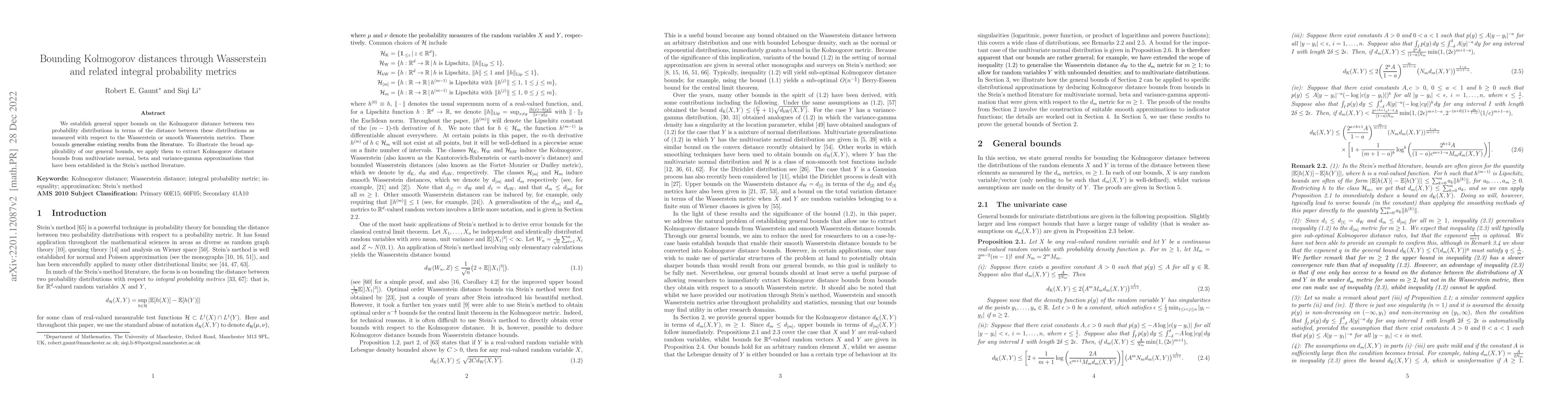 Thumbnail for Bounding Kolmogorov distances through Wasserstein and related integral
  probability metrics