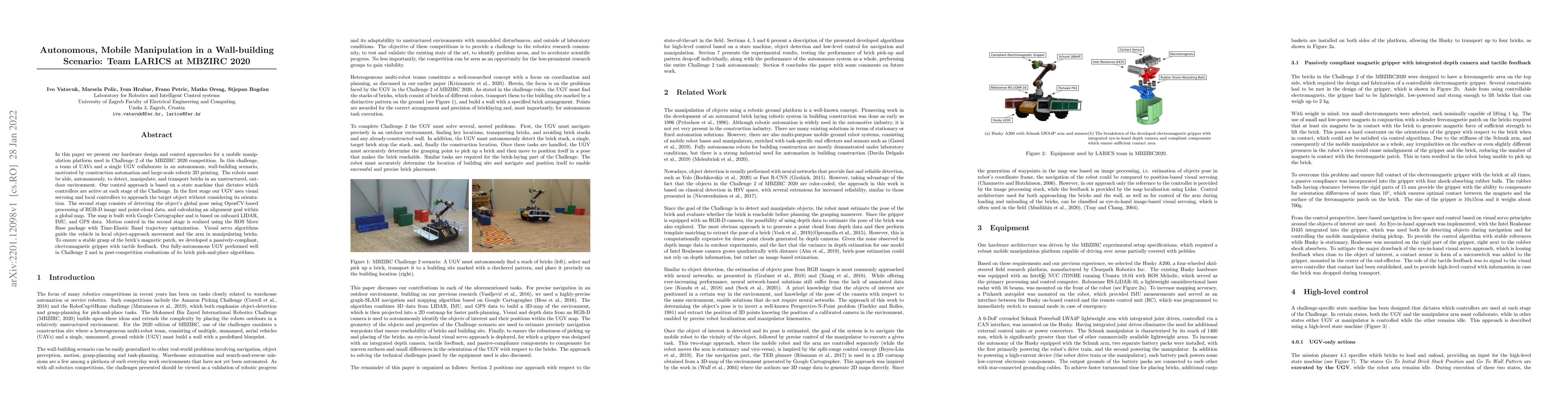 Thumbnail for Autonomous, Mobile Manipulation in a Wall-building Scenario: Team LARICS
  at MBZIRC 2020