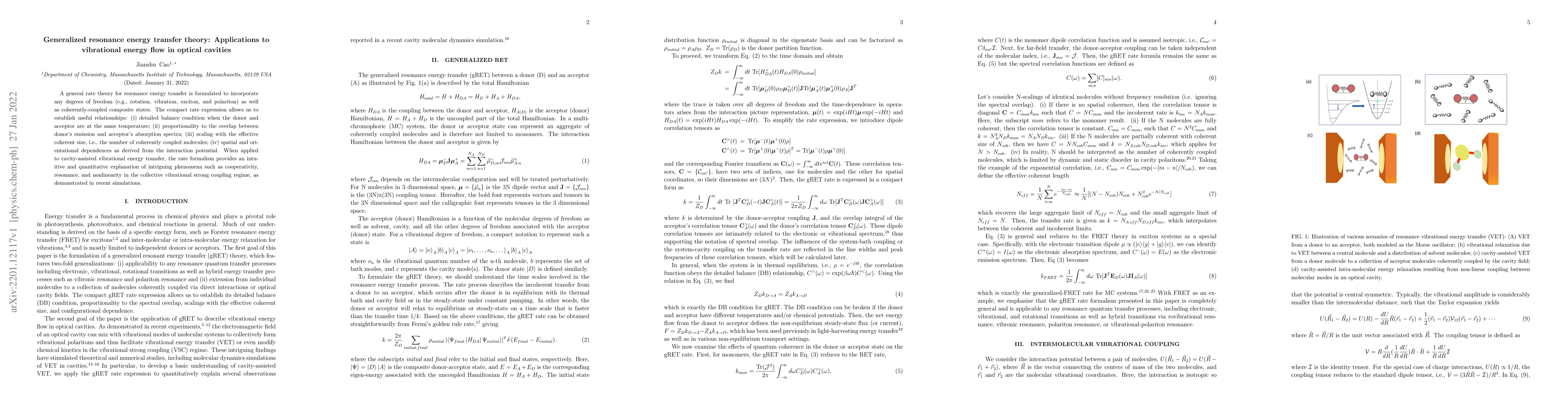 Thumbnail for Generalized resonance energy transfer theory: Applications to
  vibrational energy flow in optical cavities
