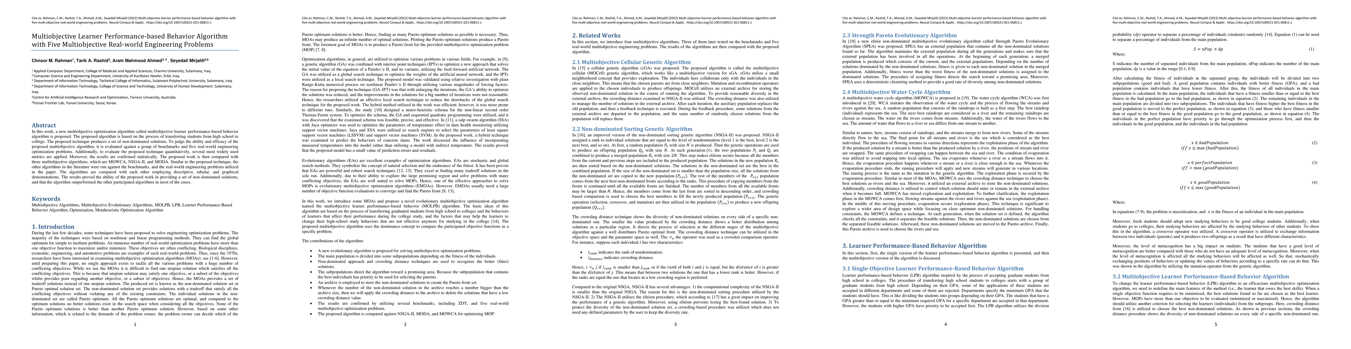 Thumbnail for Multi-objective learner performance-based behavior algorithm with five
  multi-objective real-world engineering problems