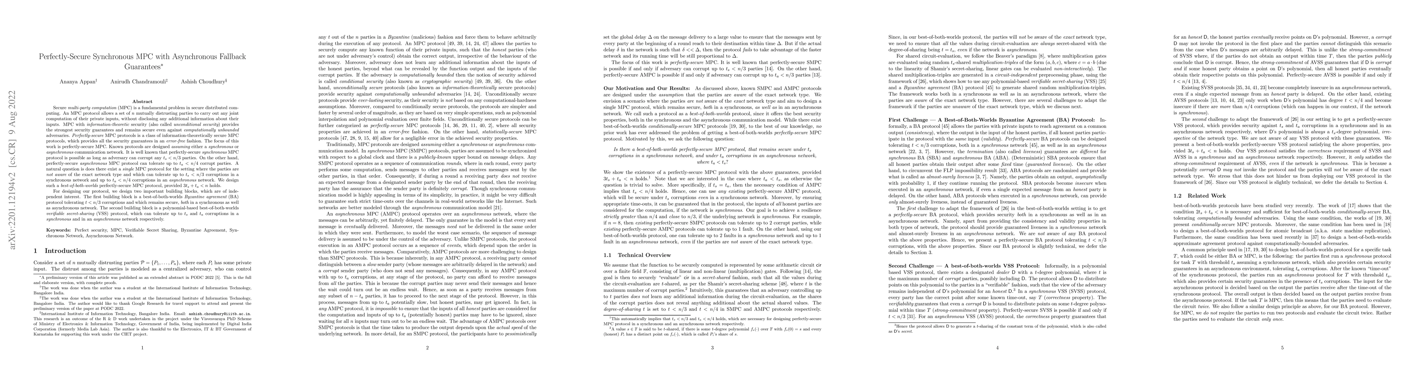 Thumbnail for Perfectly-Secure Synchronous MPC with Asynchronous Fallback Guarantees