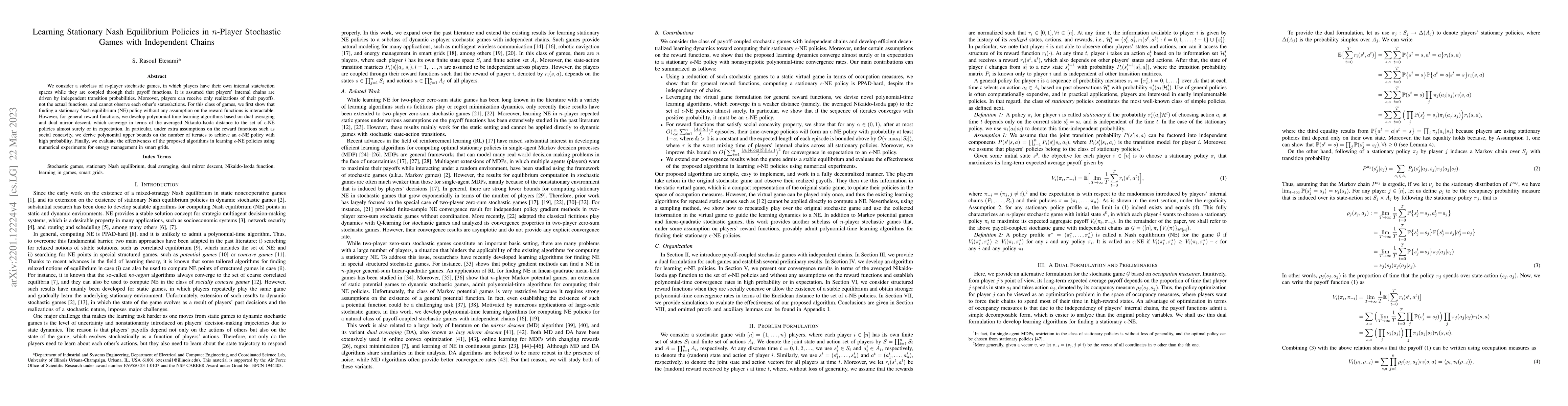 Thumbnail for Learning Stationary Nash Equilibrium Policies in $n$-Player Stochastic
  Games with Independent Chains
