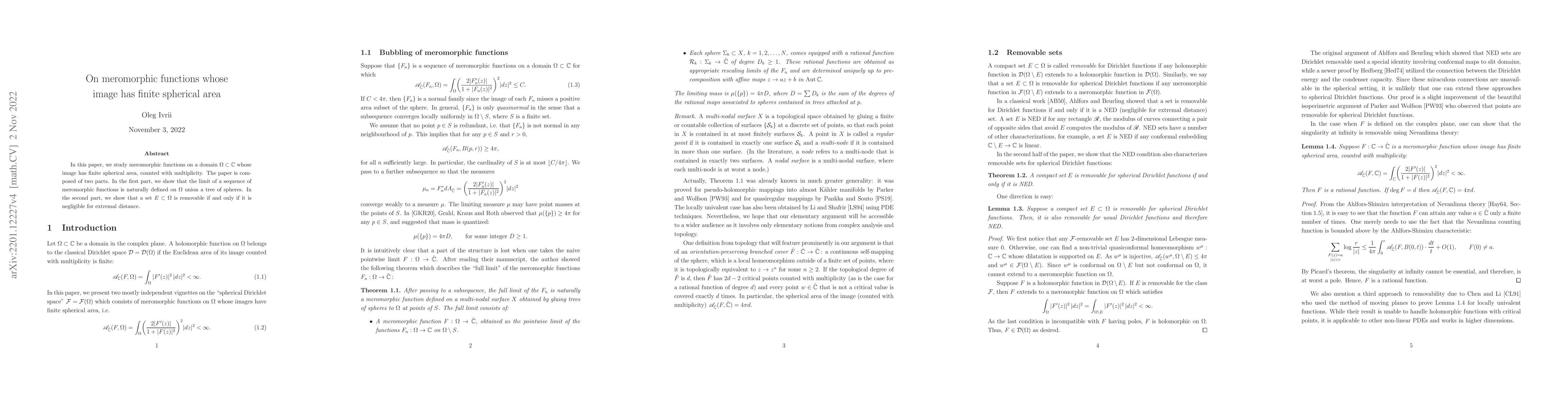 Thumbnail for On meromorphic functions whose image has finite spherical area