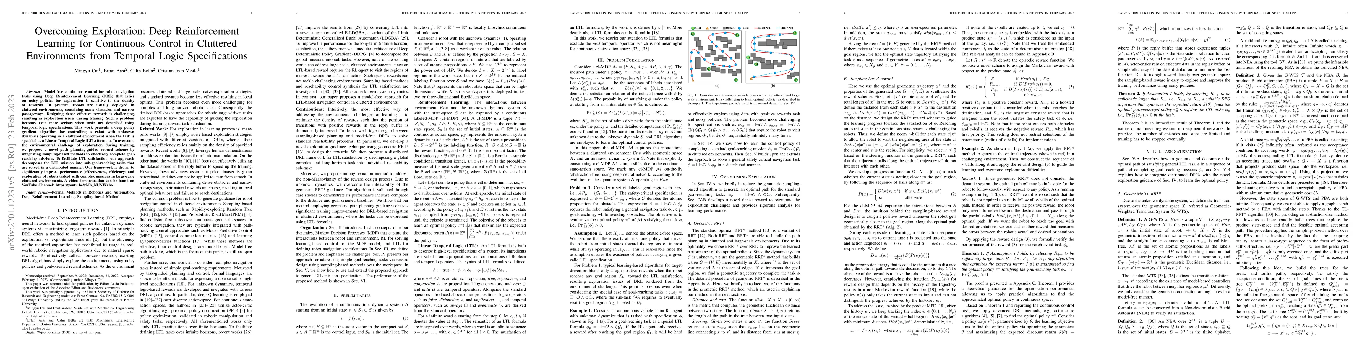 Thumbnail for Overcoming Exploration: Deep Reinforcement Learning for Continuous
  Control in Cluttered Environments from Temporal Logic Specifications