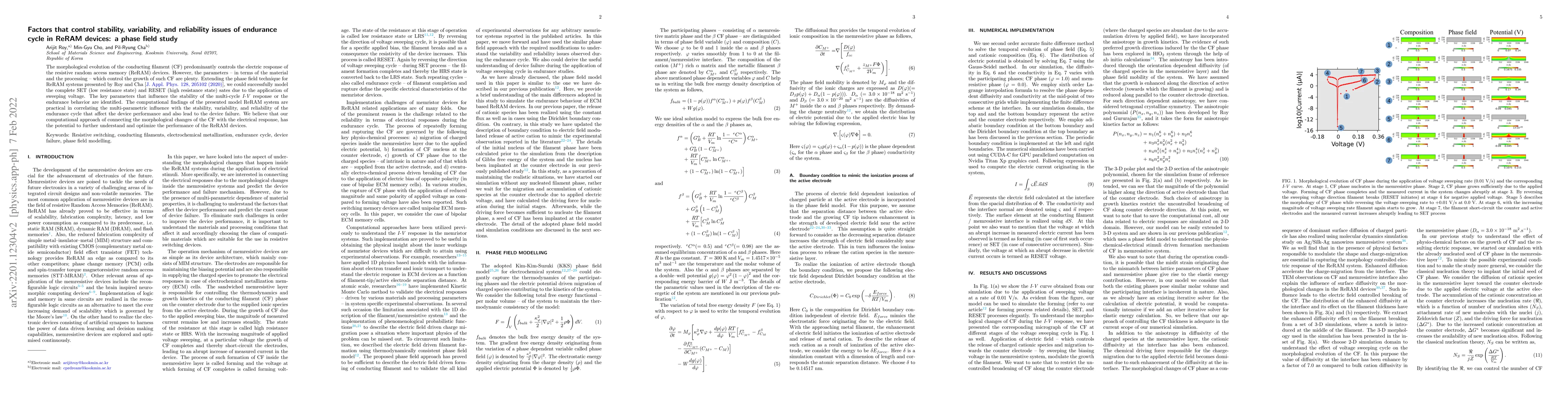 Thumbnail for Factors that control stability, variability, and reliability issues of
  endurance cycle in ReRAM devices: a phase field study