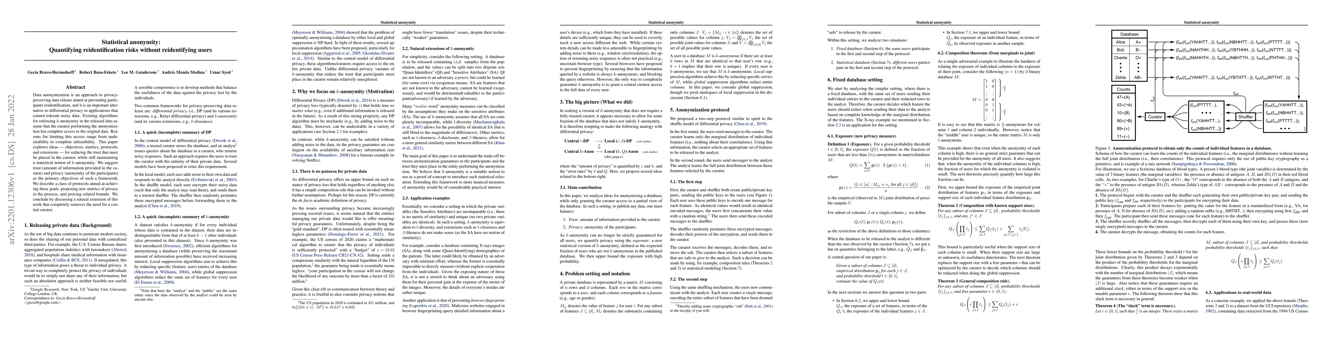 Thumbnail for Statistical anonymity: Quantifying reidentification risks without
  reidentifying users