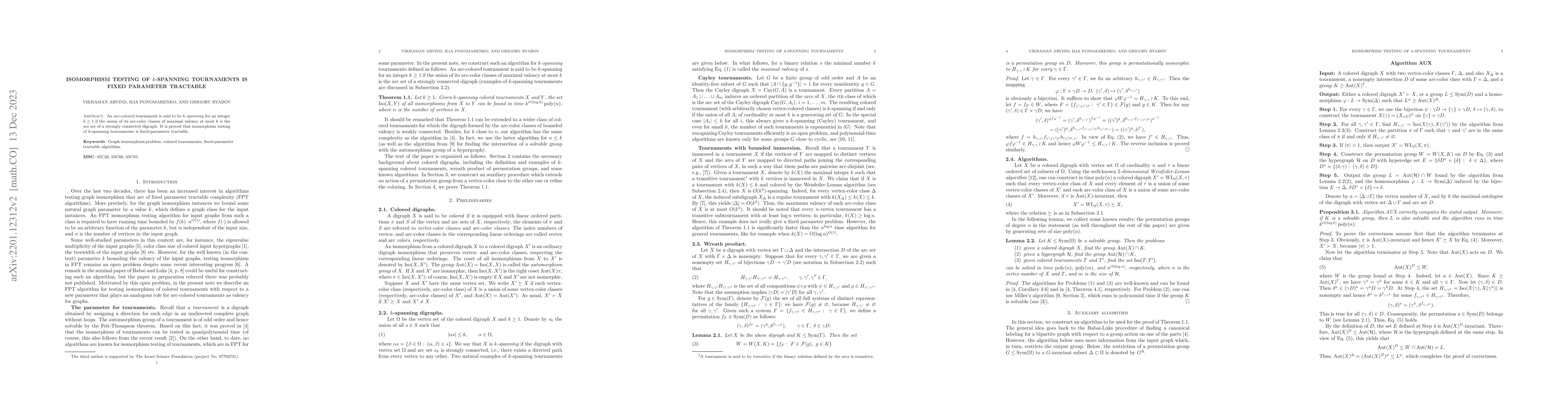 Thumbnail for Isomorphism testing of $k$-spanning tournaments is Fixed Parameter
  Tractable