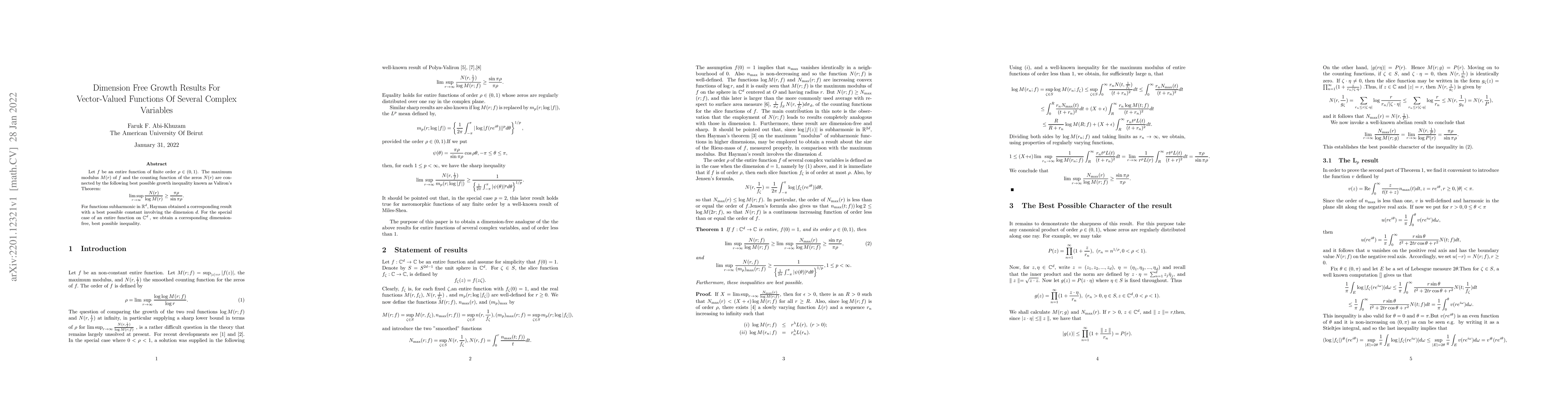 Thumbnail for Dimension Free Growth Results for Vector-Valued Functions of Several
  Complex Variables