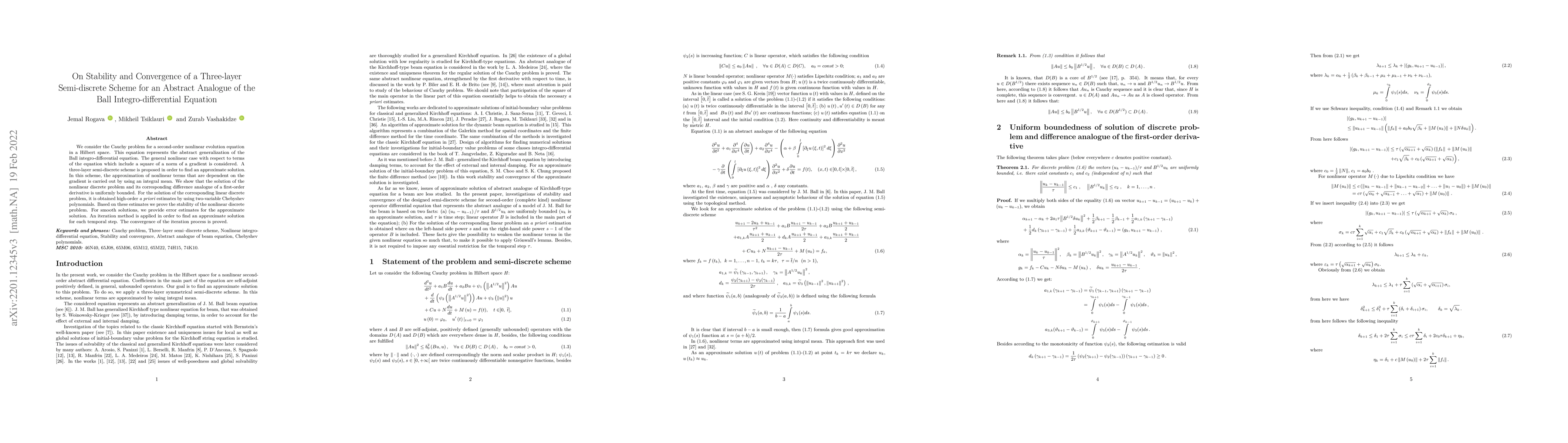 Thumbnail for On Stability and Convergence of a Three-layer Semi-discrete Scheme for
  an Abstract Analogue of the Ball Integro-differential Equation