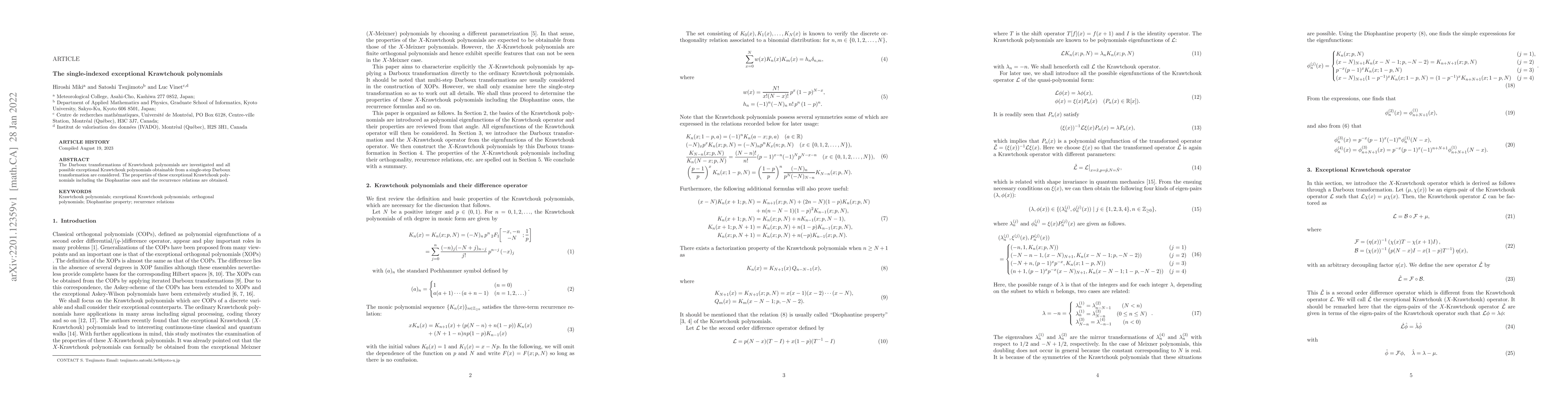 Thumbnail for The single-indexed exceptional Krawtchouk polynomials