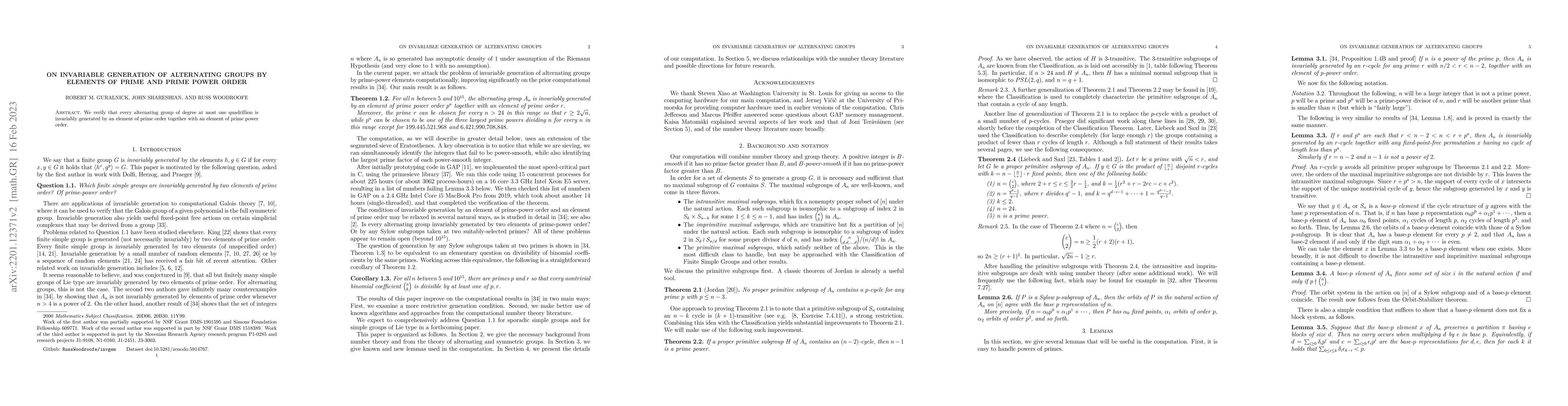 Thumbnail for On invariable generation of alternating groups by elements of prime and
  prime power order