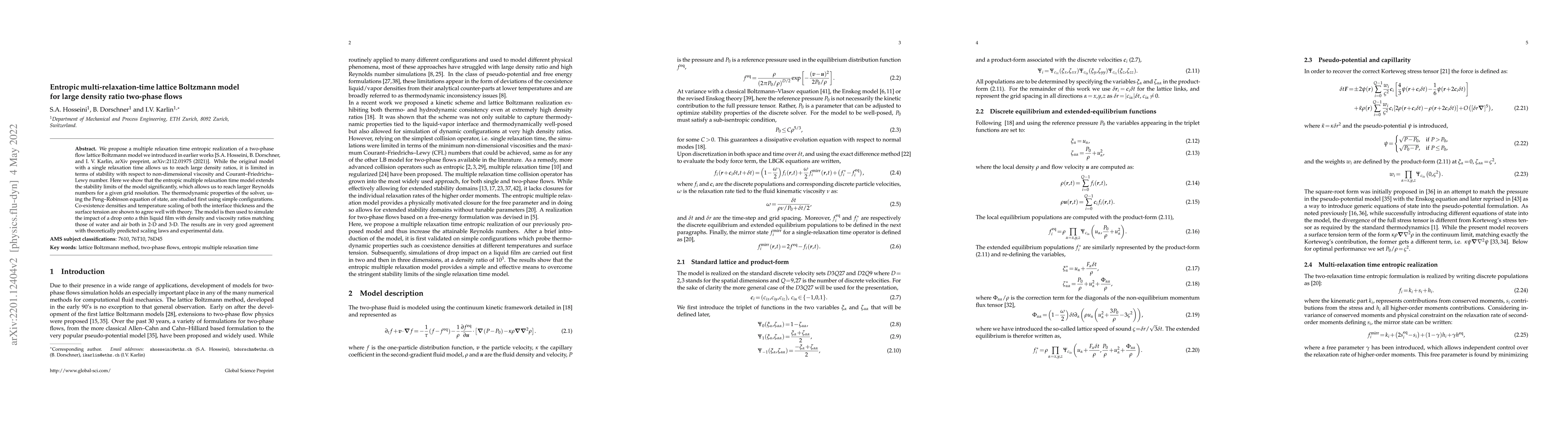 Thumbnail for Entropic multi-relaxation-time lattice Boltzmann model for large density
  ratio two-phase flows