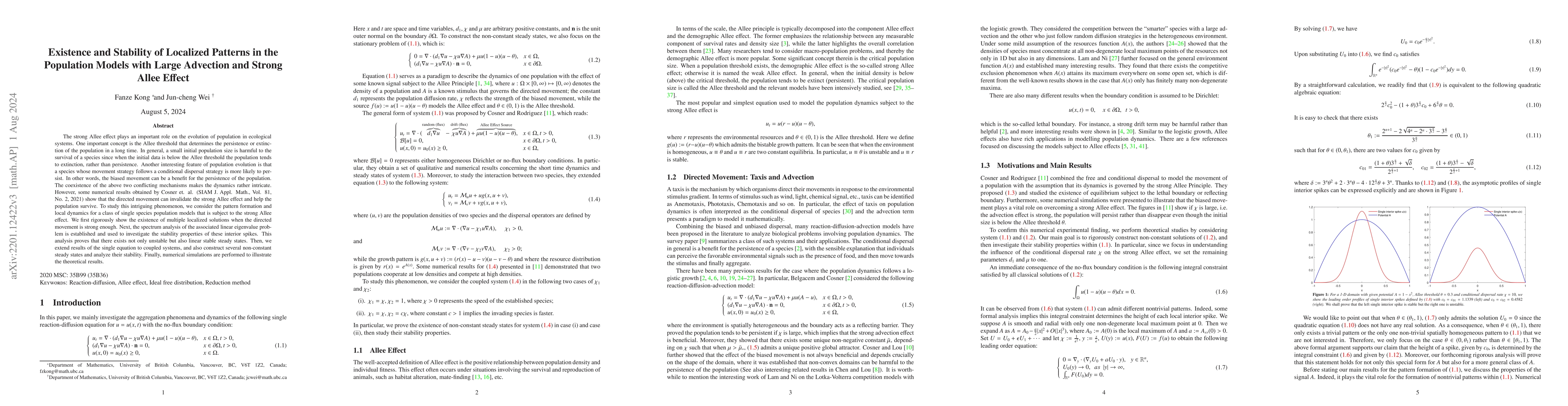 Thumbnail for Existence and Stability of Localized Patterns in the Population Models
  with Large Advection and Strong Allee Effect