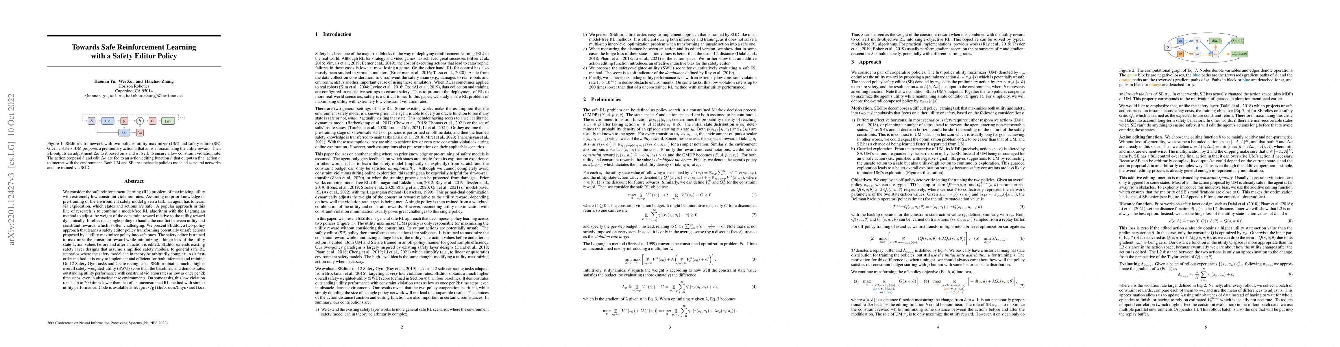 Thumbnail for Towards Safe Reinforcement Learning with a Safety Editor Policy