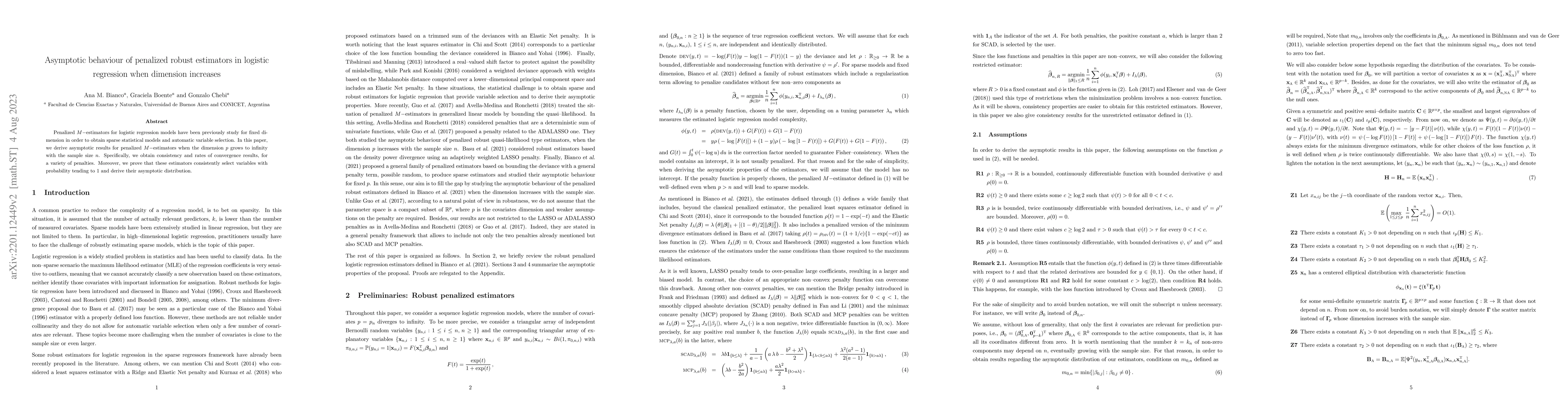 Thumbnail for Asymptotic behaviour of penalized robust estimators in logistic
  regression when dimension increases