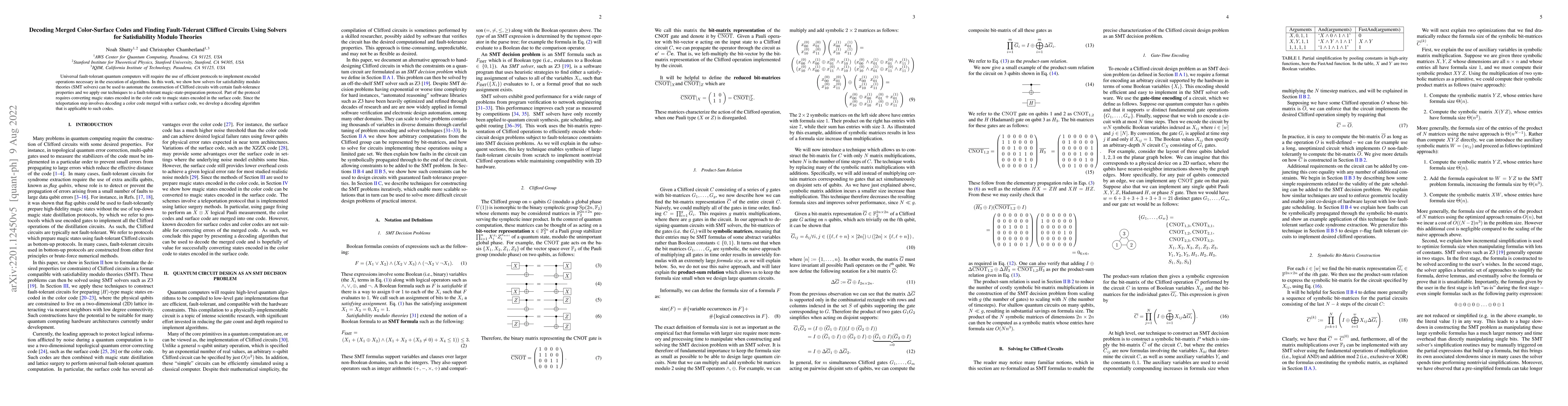 Thumbnail for Decoding Merged Color-Surface Codes and Finding Fault-Tolerant Clifford
  Circuits Using Solvers for Satisfiability Modulo Theories