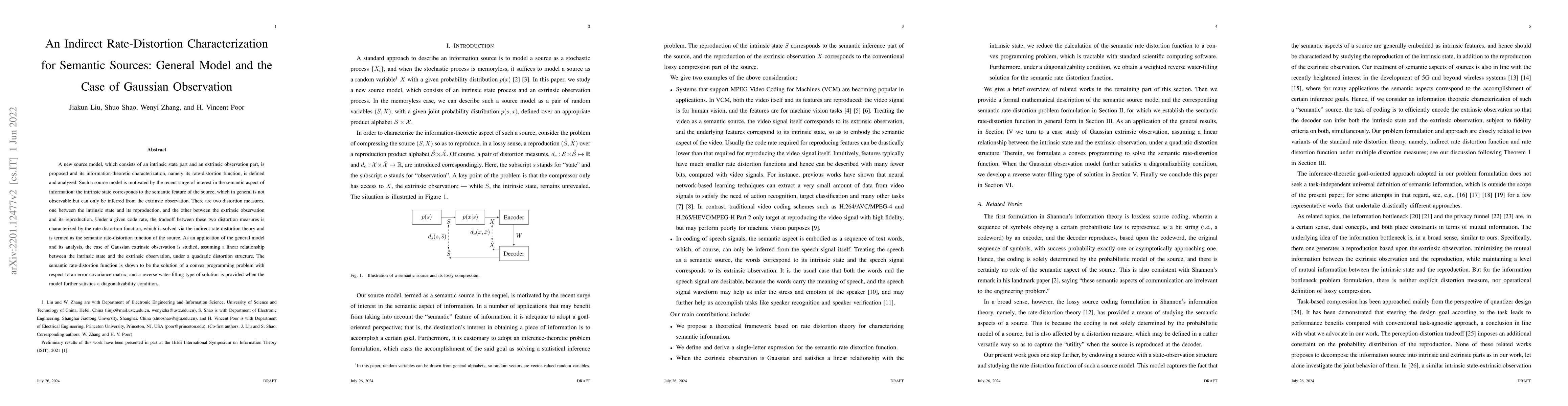 Thumbnail for An Indirect Rate-Distortion Characterization for Semantic Sources:
  General Model and the Case of Gaussian Observation