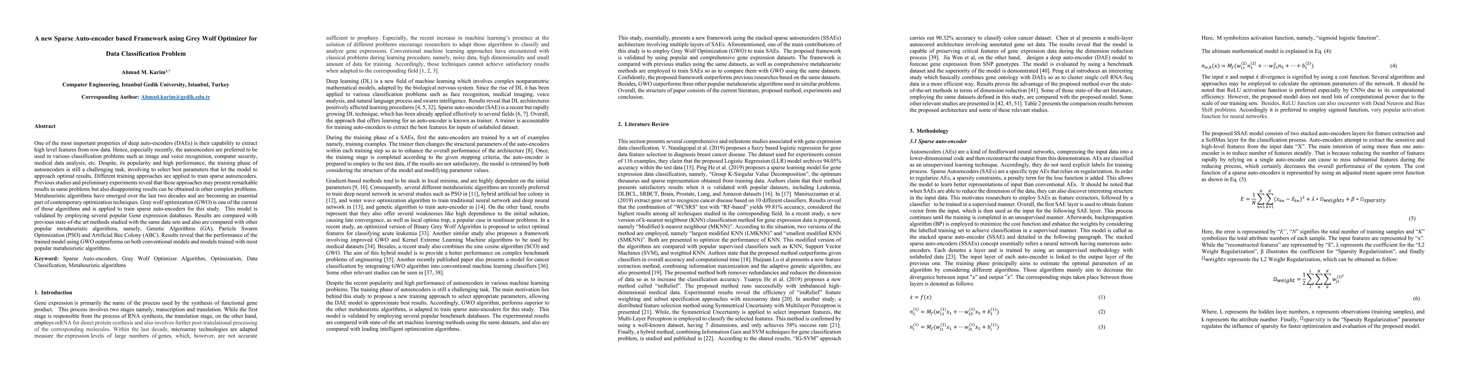 Thumbnail for A new Sparse Auto-encoder based Framework using Grey Wolf Optimizer for
  Data Classification Problem