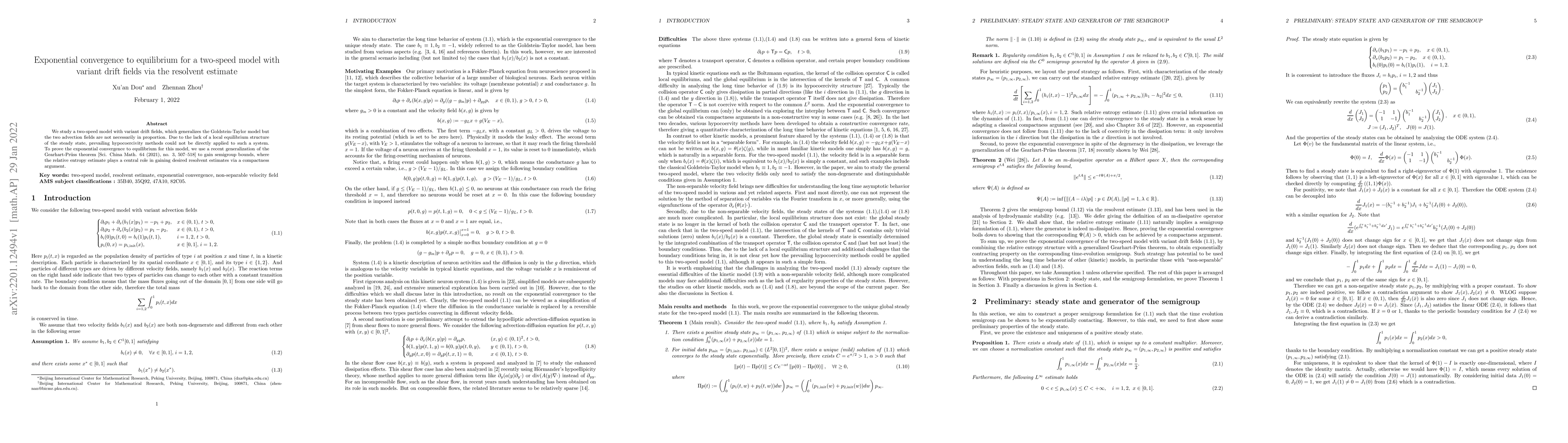 Thumbnail for Exponential convergence to equilibrium for a two-speed model with
  variant drift fields via the resolvent estimate