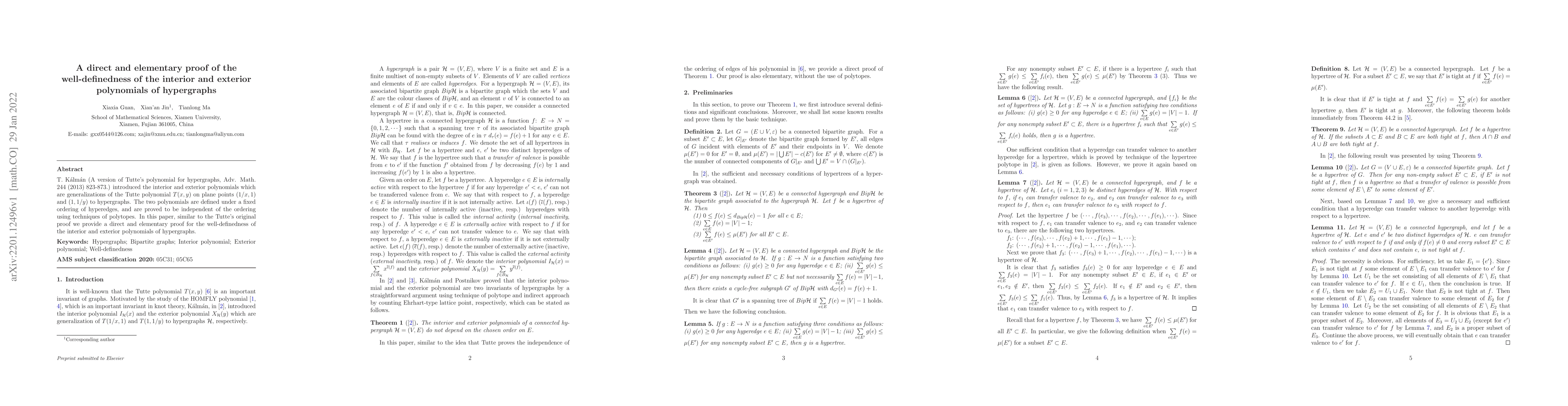 Thumbnail for A direct and elementary proof of the well-definedness of the interior
  and exterior polynomials of hypergraphs