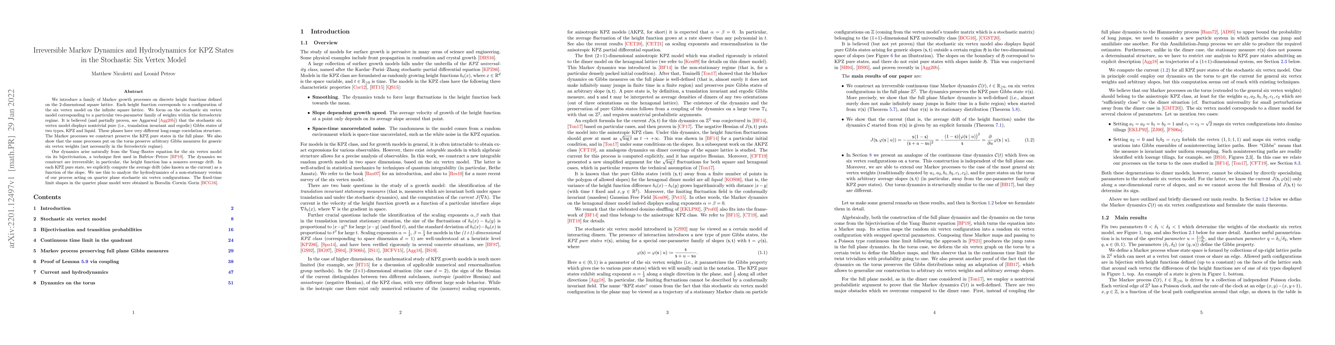 Thumbnail for Irreversible Markov Dynamics and Hydrodynamics for KPZ States in the
  Stochastic Six Vertex Model
