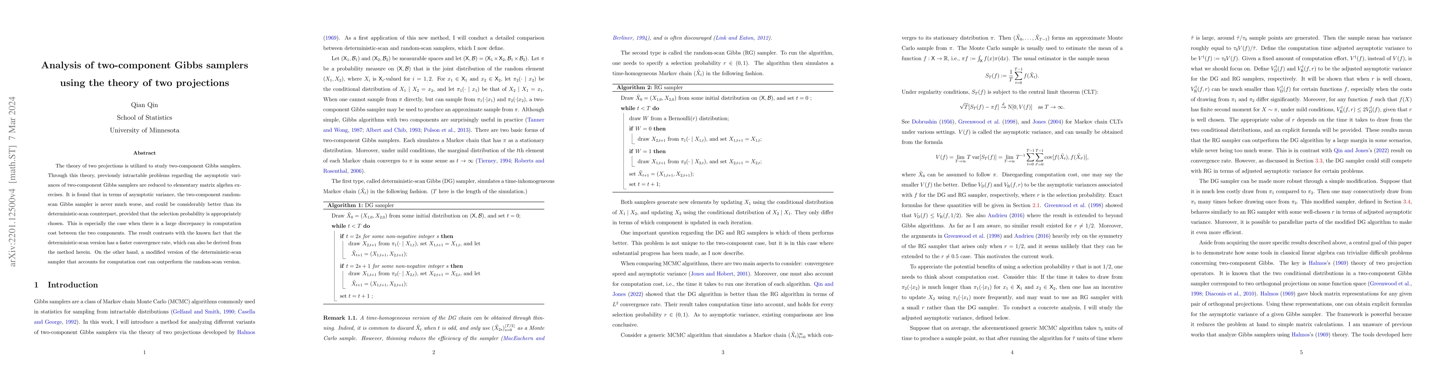 Thumbnail for Analysis of two-component Gibbs samplers using the theory of two
  projections