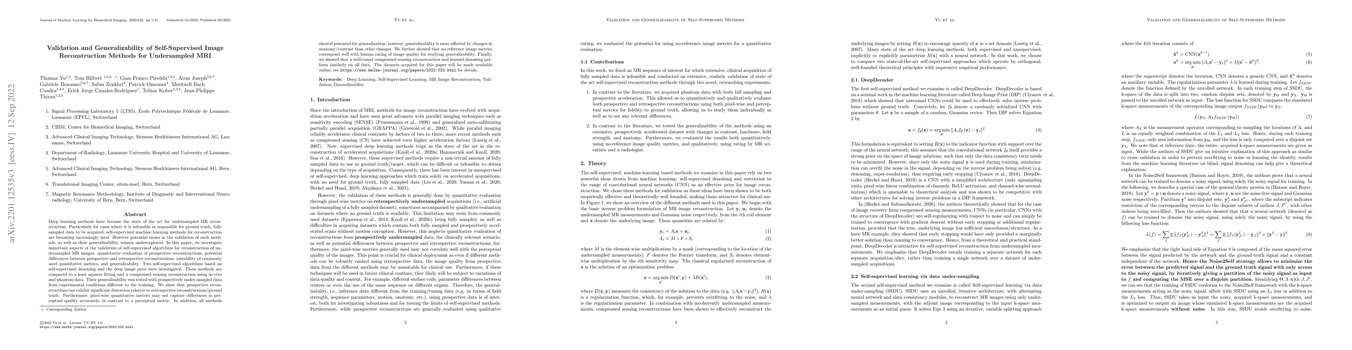 Thumbnail for Validation and Generalizability of Self-Supervised Image Reconstruction
  Methods for Undersampled MRI