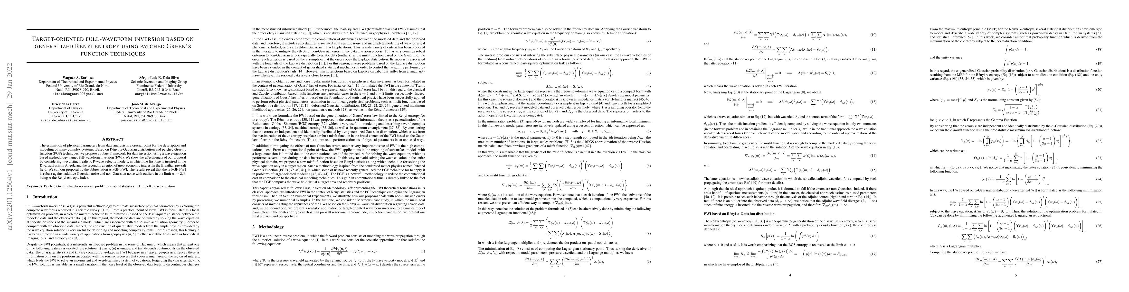 Thumbnail for Target-oriented full-waveform inversion based on generalized R\'enyi
  entropy using patched Green's function techniques