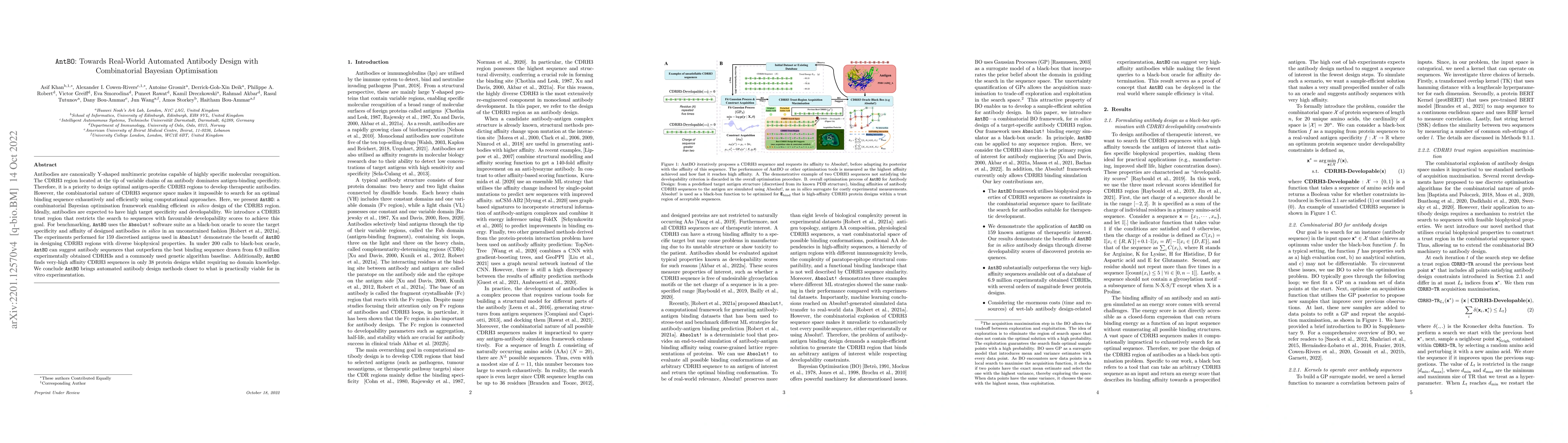 Thumbnail for AntBO: Towards Real-World Automated Antibody Design with Combinatorial
  Bayesian Optimisation