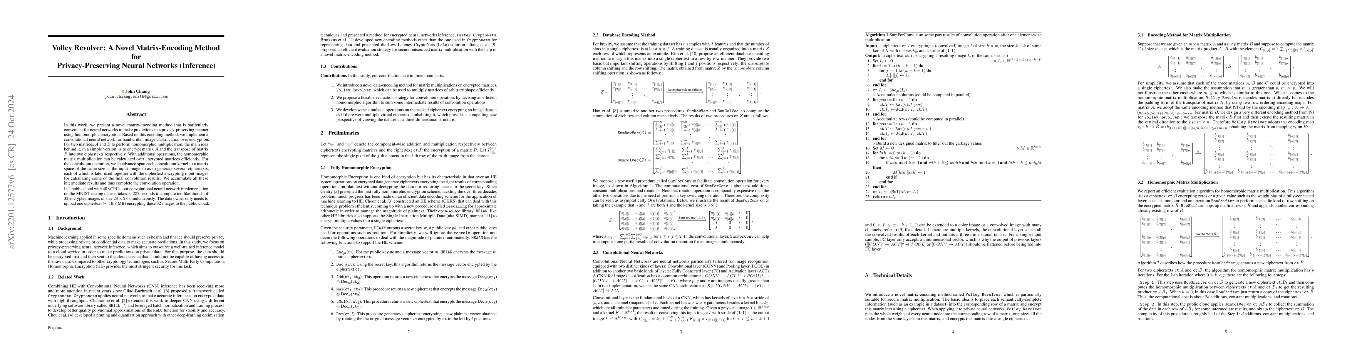 Thumbnail for Volley Revolver: A Novel Matrix-Encoding Method for Privacy-Preserving
  Neural Networks (Inference)