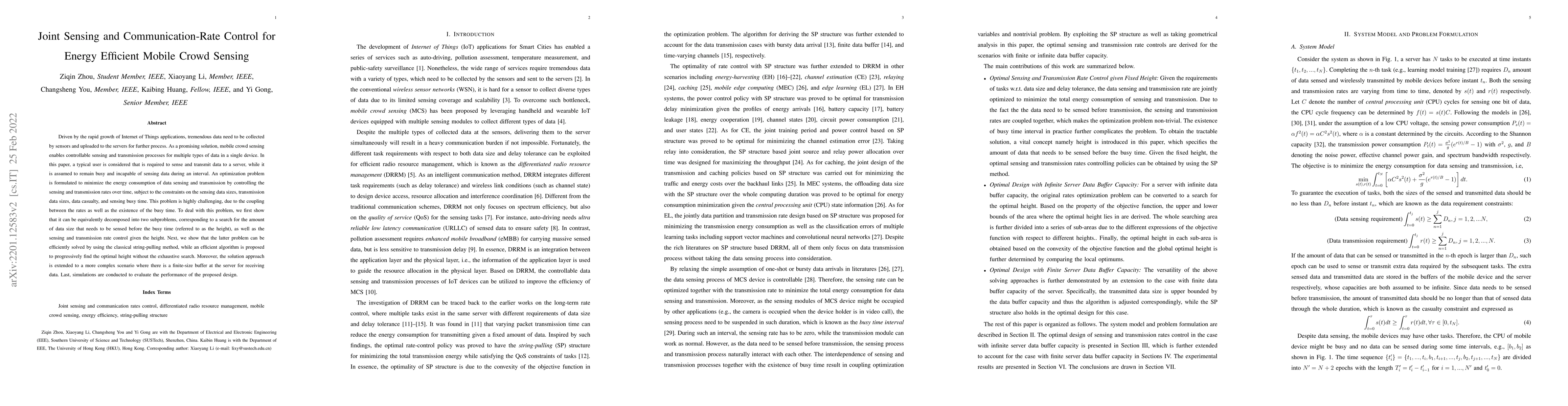 Thumbnail for Joint Sensing and Communication-Rate Control for Energy Efficient Mobile
  Crowd Sensing