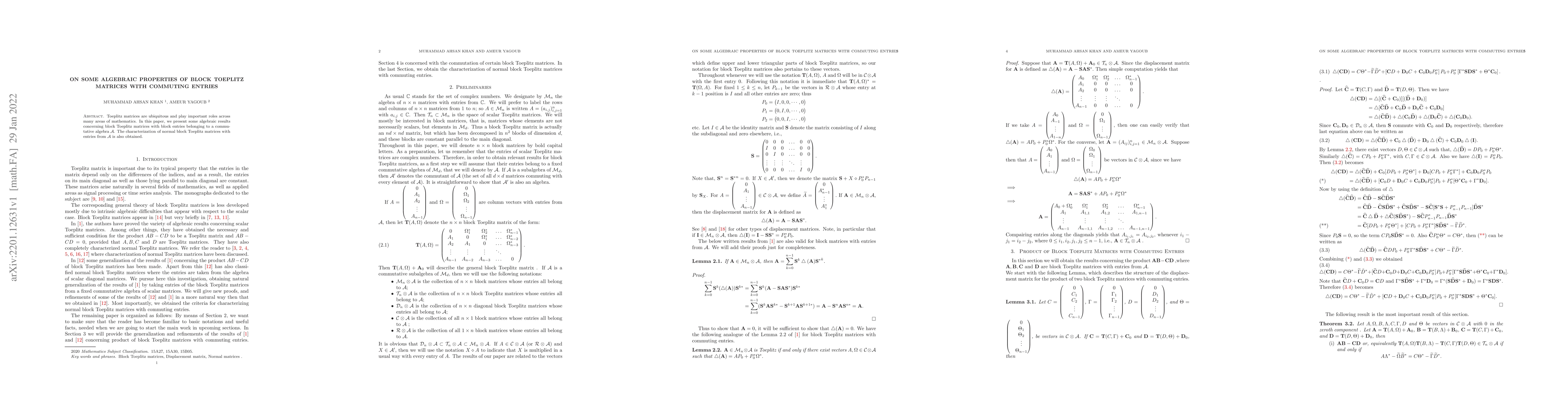 Thumbnail for On Some Algebraic Properties of Block Toeplitz Matrices with Commuting
  Entries