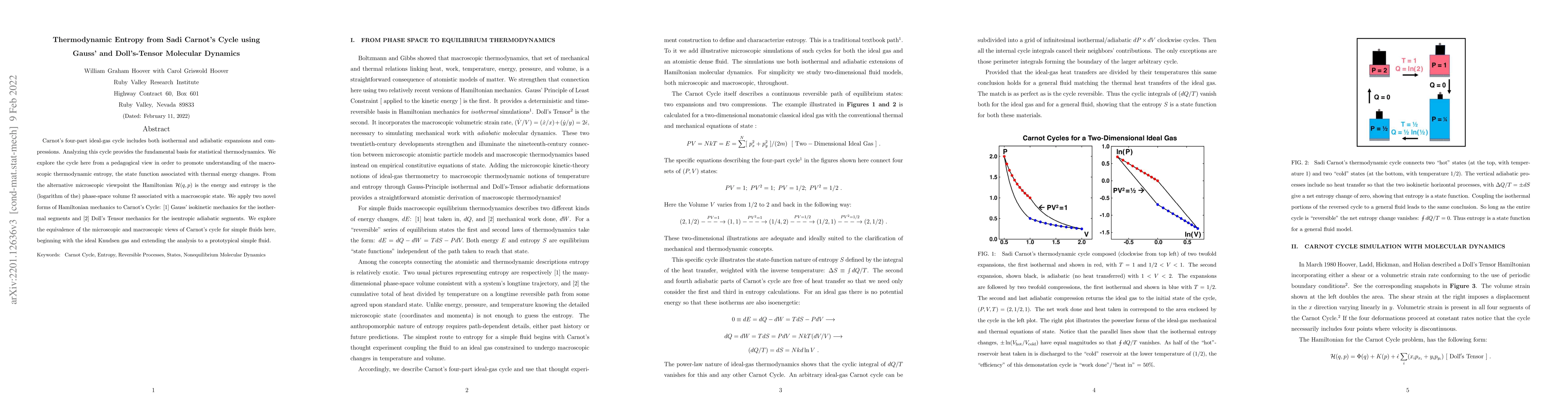 Thumbnail for Thermodynamic Entropy from Sadi Carnot's Cycle using Gauss' and
  Doll's-Tensor Molecular Dynamics